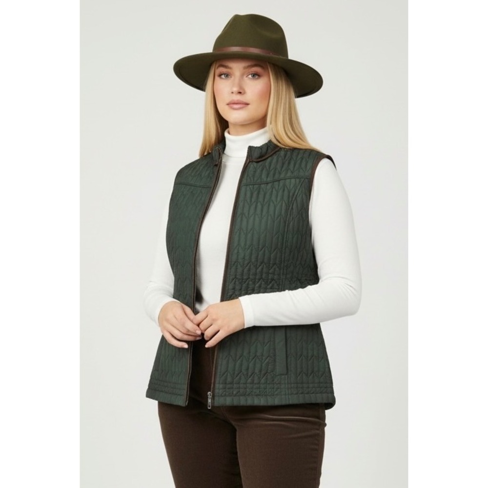 Casual Forest Green Quilted Puffer Vest Size 2X Brown Trim Fleece Lined Jacket
